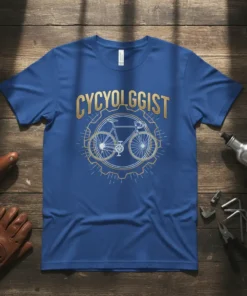 Blue t-shirt with "CYCYOLOGGIST" in gold text above a line art bicycle within a gear graphic