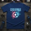Czech Republic text above a soccer ball exploding into red and blue geometric shards, navy blue t-shirt design