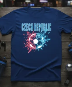 Czech Republic text above a soccer ball exploding into red and blue geometric shards, navy blue t-shirt design