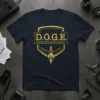 D.O.G.E. Department of Government Efficiency t-shirt design with a golden shield, rocket, and bold typography