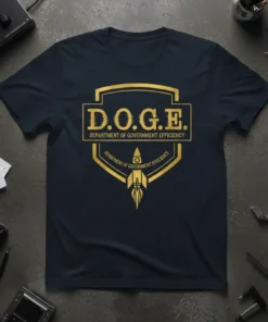 D.O.G.E. Department of Government Efficiency t-shirt design with a golden shield, rocket, and bold typography