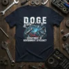 D.O.G.E. Department of Government Efficiency T-Shirt with robotic arms holding a hammer and chainsaw, featuring lightning bolts and circuit board