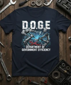 D.O.G.E. Department of Government Efficiency T-Shirt with robotic arms holding a hammer and chainsaw, featuring lightning bolts and circuit board