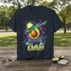 DAB avocado t-shirt with retro neon geometric background and dancing avocado wearing sunglasses