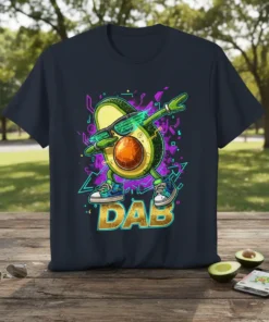 DAB avocado t-shirt with retro neon geometric background and dancing avocado wearing sunglasses