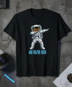 Black t-shirt with a dabbing astronaut graphic and "Dab Bin Dogs" text in neon blue