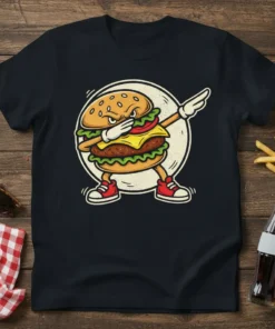 Dab Burger graphic t-shirt design featuring a cartoon hamburger doing the dab dance move