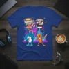 Dab Life t-shirt design featuring a coffee cup, dolphin, and cinnamon roll dancing against a neon city background