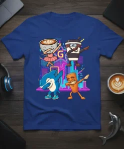 Dab Life t-shirt design featuring a coffee cup, dolphin, and cinnamon roll dancing against a neon city background