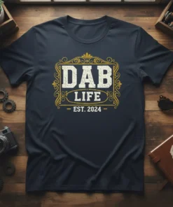 Dab Life Est. 2024 t-shirt design with distressed white text inside an ornate gold frame