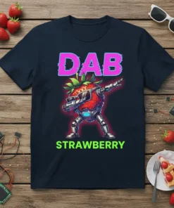 Dab Strawberry Robot T-Shirt design featuring a robotic strawberry doing the dab dance with "DAB" and "STRAWBERRY" text