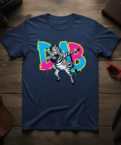 Dab Zebra T-Shirt featuring a black and white zebra doing the dabbing pose in front of colorful "DAB" text