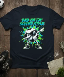 Soccer ball wearing sunglasses doing the dab dance with "Dab On Em' Soccer Style" text on a navy t-shirt