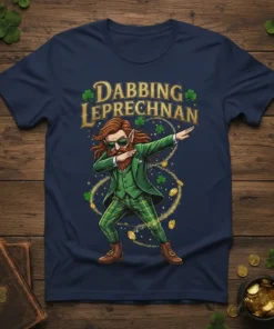 Dabbing Leprechan t-shirt with golden text and a leprechaun doing the dab dance