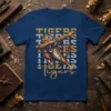 TIGERS TIGERS TIGERS TIGERS TIGERS TIGERS Tigers t-shirt design with a dabbing tiger graphic and orange script text