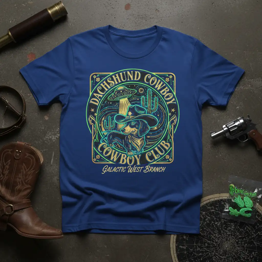 Dachshund Cowboy Club Galactic West Branch tee with a dachshund in a cowboy hat under a UFO, surrounded by cacti