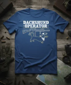 Dachshund Operator t-shirt design featuring a dachshund wearing a helmet and bandana next to a rifle