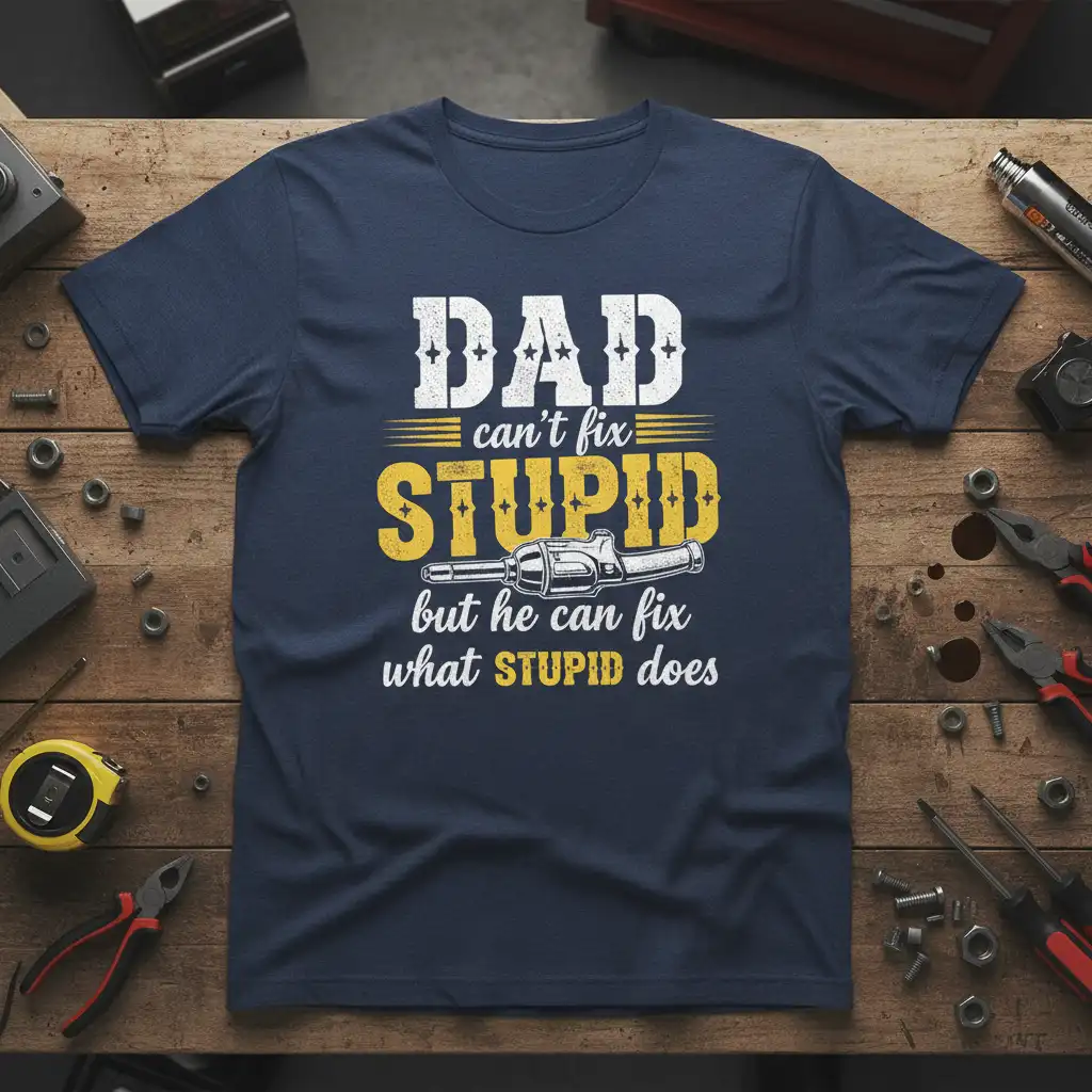 DAD can't fix STUPID but he can fix what STUPID does humorous quote t-shirt design with tool graphic
