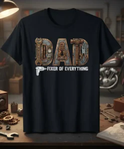 Dad Fixer of Everything t-shirt design with gears, tools, and text. Features the phrase "DAD FIXER OF EVERYTHING" in a