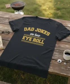 Dad Jokes are how Eye Roll text design on a black t-shirt, with yellow distressed font and stripes