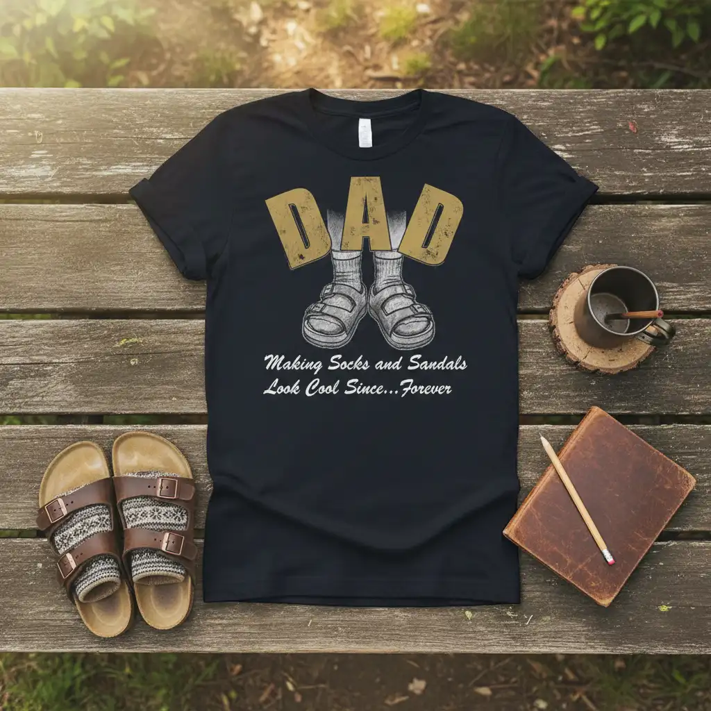 DAD Making Socks and Sandals Look Cool Since...Forever quote on a black t-shirt with a retro graphic