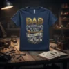 Dad No Matter How At Least You Don't Have Ugly Children text with wrench graphic on a navy blue t-shirt