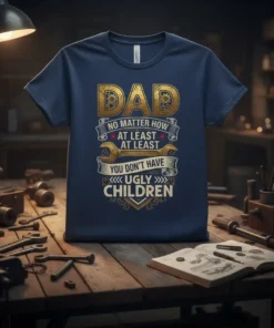 Dad No Matter How At Least You Don't Have Ugly Children text with wrench graphic on a navy blue t-shirt