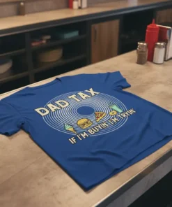 Dad Tax If I'm Buyin' I'm Tryin' humorous quote t-shirt design with icons of food and drinks