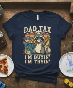 Dad Tax I'm Buyin' I'm Tryin' funny raccoon t-shirt design with pizza and money bag graphic