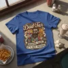 Dad Tax Making Sure It's Not Poison humorous quote on a blue t-shirt, featuring a tattooed dad holding fries and