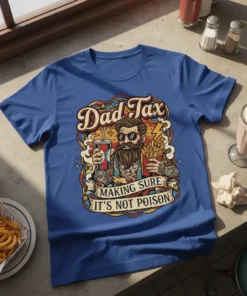 Dad Tax Making Sure It's Not Poison humorous quote on a blue t-shirt, featuring a tattooed dad holding fries and