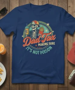 Dad Tax Making Sure It's Not Poison humorous quote t-shirt with skeleton graphic holding fries and a drink