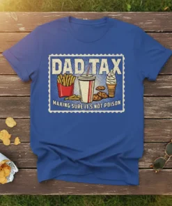 Dad Tax Making Sure It's Not Poison t-shirt featuring vintage stamp design with fries, soda, cookies, and ice cream