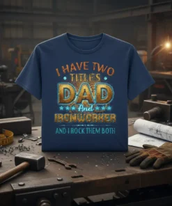T-shirt with text "I HAVE TWO TITLES DAD And IRONWORKER AND I ROCK THEM BOTH" in distressed gold and blue