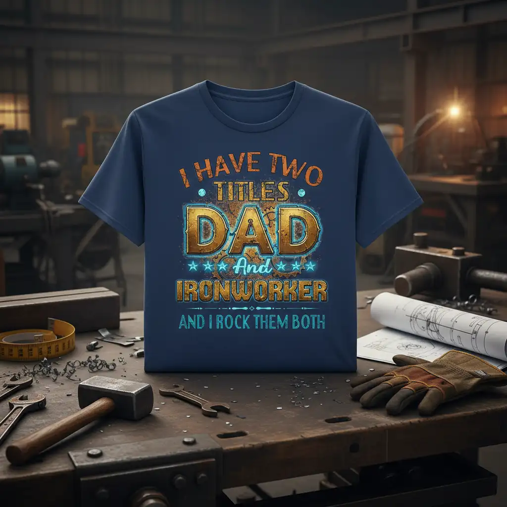 I HAVE TWO TITLES DAD And IRONWORKER AND I ROCK THEM BOTH quote on a navy t-shirt design