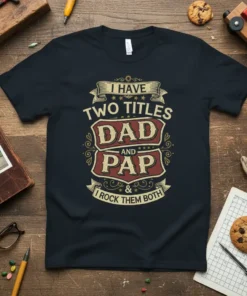 I HAVE TWO TITLES DAD AND PAP & I ROCK THEM BOTH text on a black t-shirt, vintage distressed design