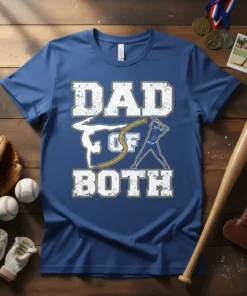 Dad Of Both t-shirt design featuring white distressed text with gymnastics and baseball graphics