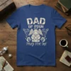Dad of Four Pray For Me t-shirt featuring distressed text, an angel holding four babies, and two devils