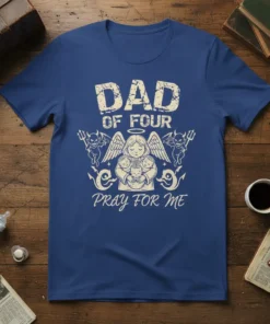 Dad of Four Pray For Me t-shirt featuring distressed text, an angel holding four babies, and two devils