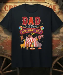 Dad of the Birthday Boy circus design on a black t-shirt, featuring animals and carnival elements