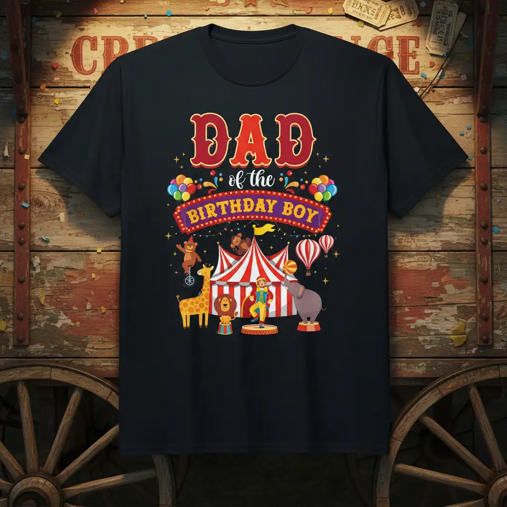 DAD of the BIRTHDAY BOY circus design with carnival animals and festive tent on black t-shirt