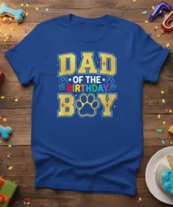 Dad of the Birthday Boy t-shirt with gold glitter text and a blue paw print graphic