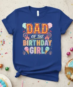 Dad of the Birthday Girl t-shirt with carnival graphics and ice cream cones, blue tee design