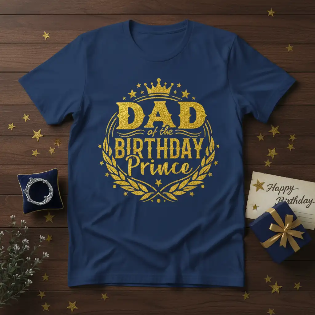 Dad of the Birthday Prince text design with crown and laurel wreath graphic on a dark blue tee