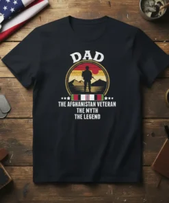 Dad The Afghanistan Veteran The Myth The Legend text design with soldier silhouette and sunset graphic on black t-shirt