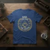 Dad The Man The Legend quote on a blue t-shirt with a compass and tools graphic