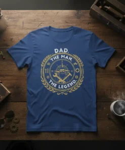 Dad The Man The Legend quote on a blue t-shirt with a compass and tools graphic