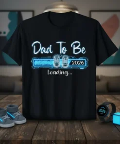 Dad To Be 2026 Loading... text and graphic on a black t-shirt, featuring baby shoes and a progress bar