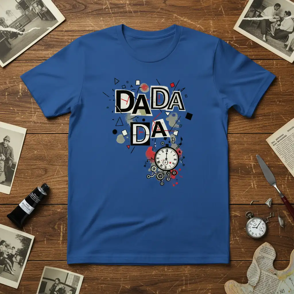 Dada Da bold typography t-shirt design with vintage clock and abstract shapes graphic