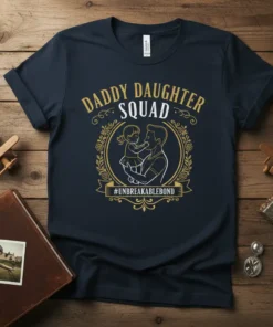 Daddy Daughter Squad #UnbreakableBond t-shirt featuring a father holding his daughter within a decorative wreath, with gold text